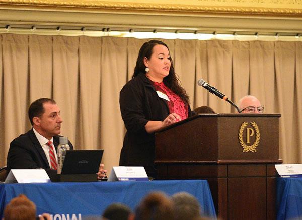 Theresa Faris from the Cheyenne and Arapaho Tribes in Oklahoma delivers the Tribal Welcome.